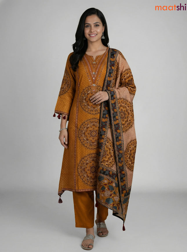 Mustard Shade Art Tussar Printed A-line Suit