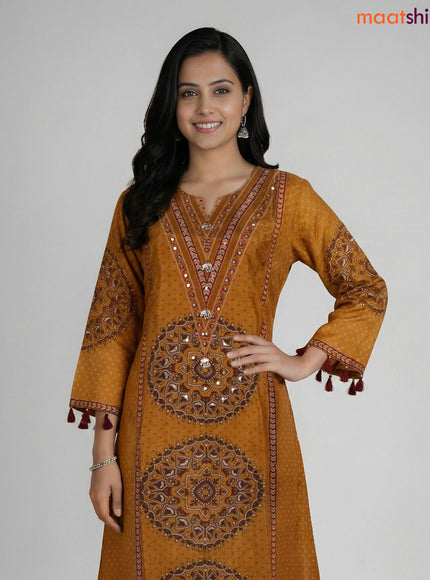 Mustard Shade Art Tussar Printed A-line Suit
