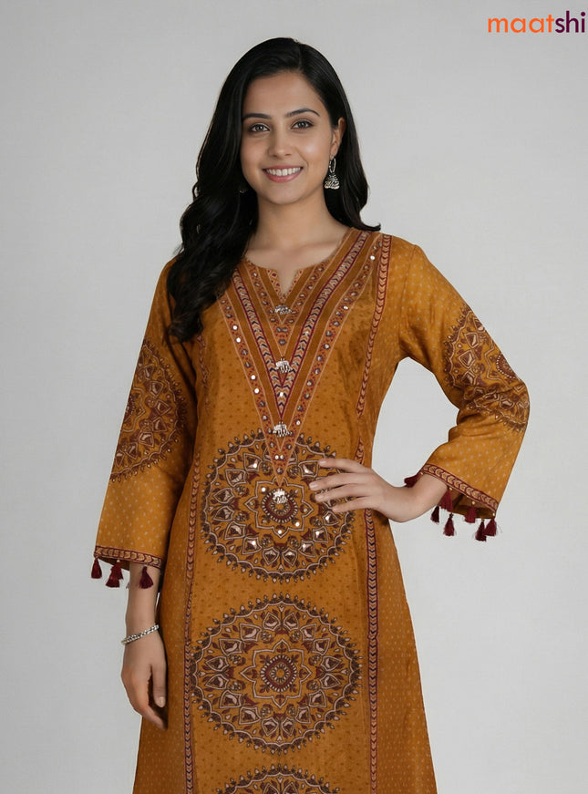 Mustard Shade Art Tussar Printed A-line Suit