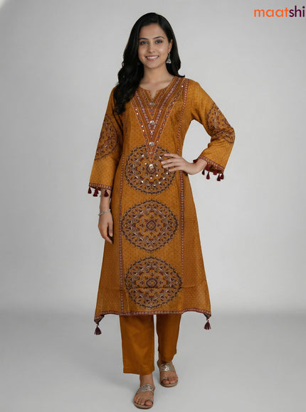 Mustard Shade Art Tussar Printed A-line Suit