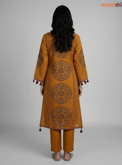 Mustard Shade Art Tussar Printed A-line Suit