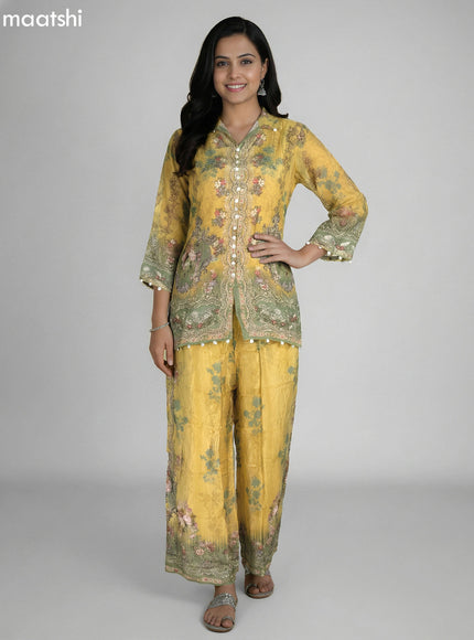 Mustard Shade and Pastel Green Crepe Silk With Slip & Floral Printed Short Co-Ord Set