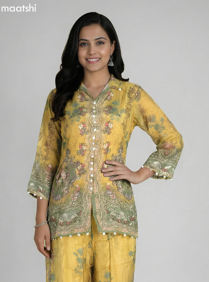 Mustard Shade and Pastel Green Crepe Silk With Slip & Floral Printed Short Co-Ord Set