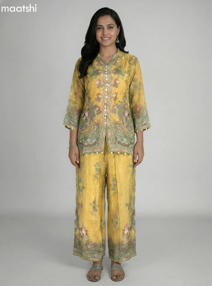 Mustard Shade and Pastel Green Crepe Silk With Slip & Floral Printed Short Co-Ord Set
