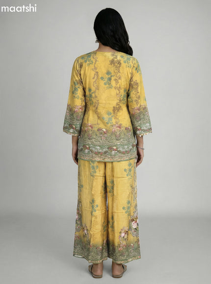 Mustard Shade and Pastel Green Crepe Silk With Slip & Floral Printed Short Co-Ord Set