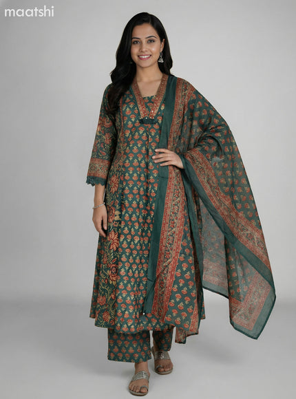 Green Cotton Printed A-Line Suit