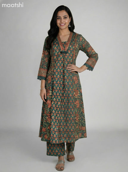 Green Cotton Printed A-Line Suit