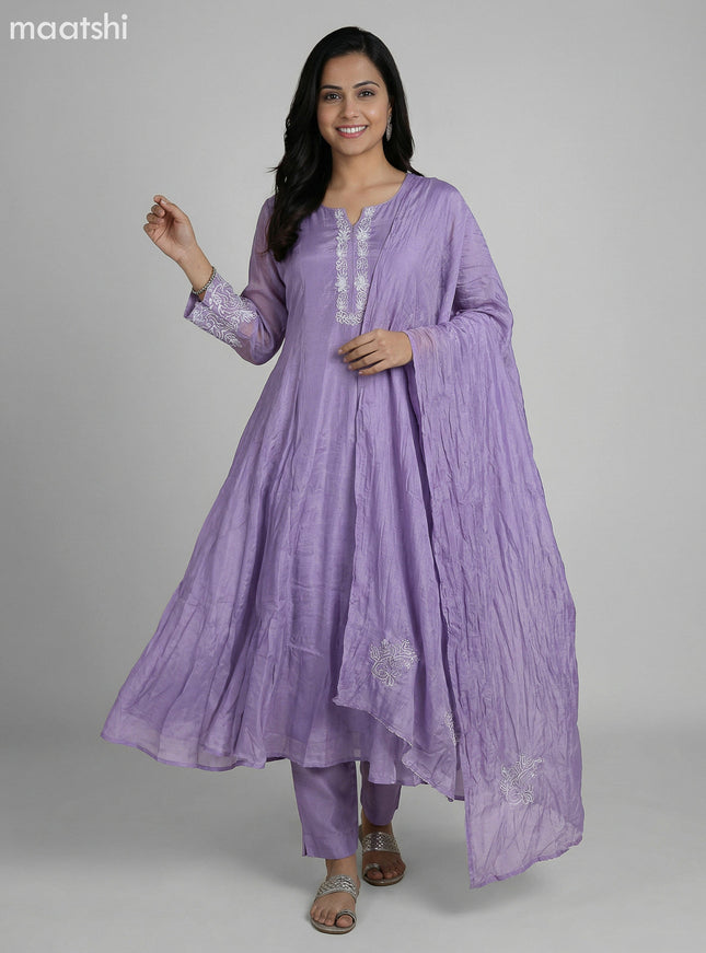 Pastel Lavender Chinnon Silk With Embroidery Work Anarkali Suit