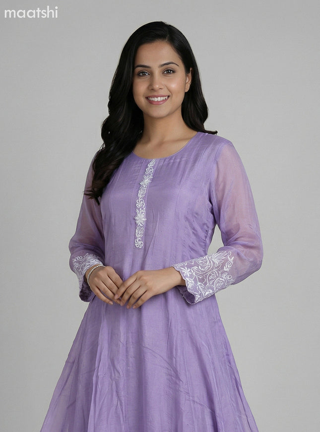 Pastel Lavender Chinnon Silk With Embroidery Work Anarkali Suit
