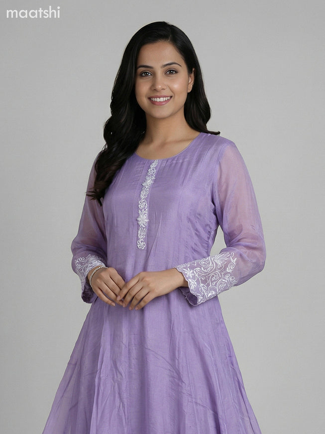 Pastel Lavender Chinnon Silk With Embroidery Work Anarkali Suit