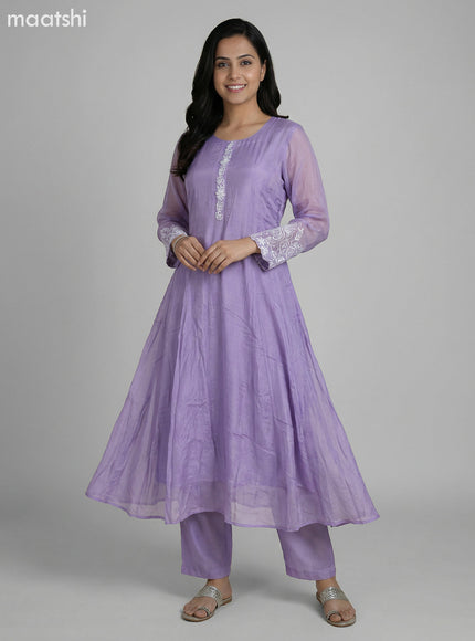 Pastel Lavender Chinnon Silk With Embroidery Work Anarkali Suit