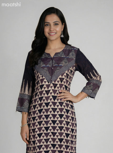 Brown and Beige Crepe Silk Ajrakh Printed Kurti Set
