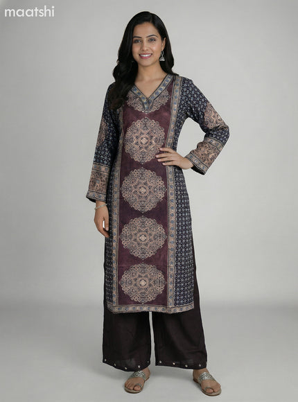 Brown and Elephant Grey Crepe Silk Ajrakh Printed Kurti Set