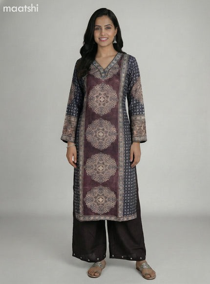Brown and Elephant Grey Crepe Silk Ajrakh Printed Kurti Set