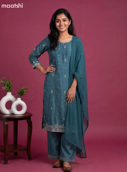 Green Shade Chinnon Silk With Embroidery Work Straight Suit