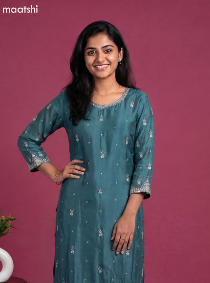 Green Shade Chinnon Silk With Embroidery Work Straight Suit