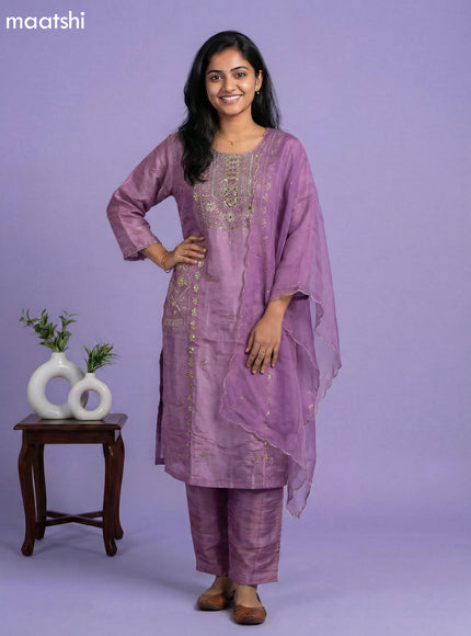 Purple Tissue Embroidery Work Straight Suit