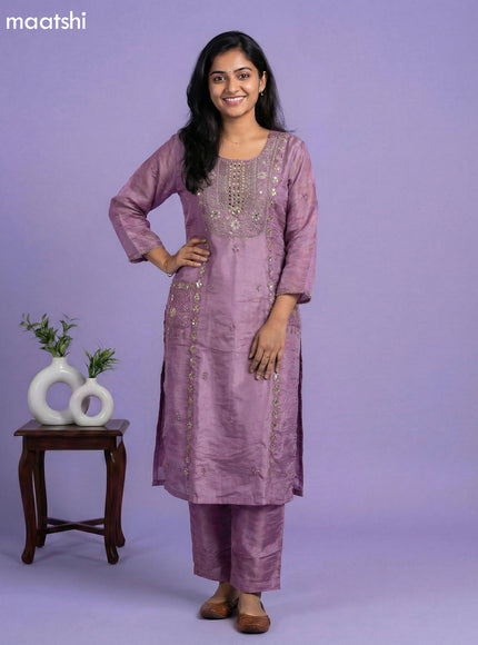 Purple Tissue Embroidery Work Straight Suit