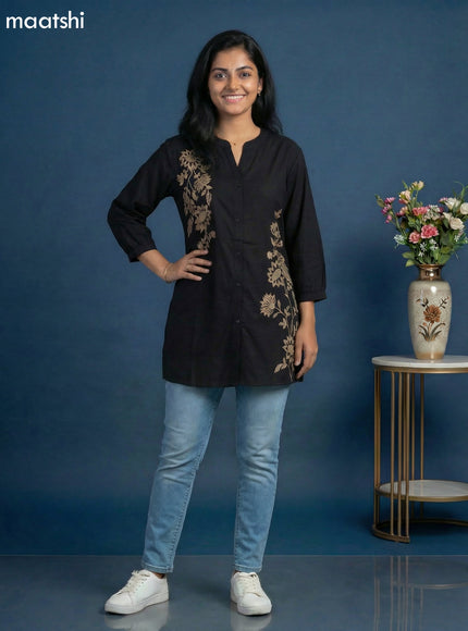 Black Cotton Floral Embroidery Work Short Kurti