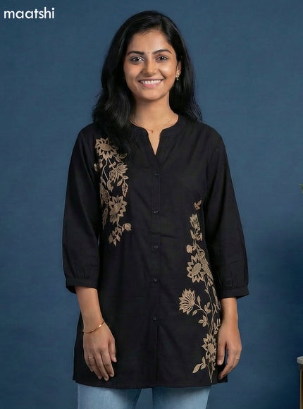 Black Cotton Floral Embroidery Work Short Kurti