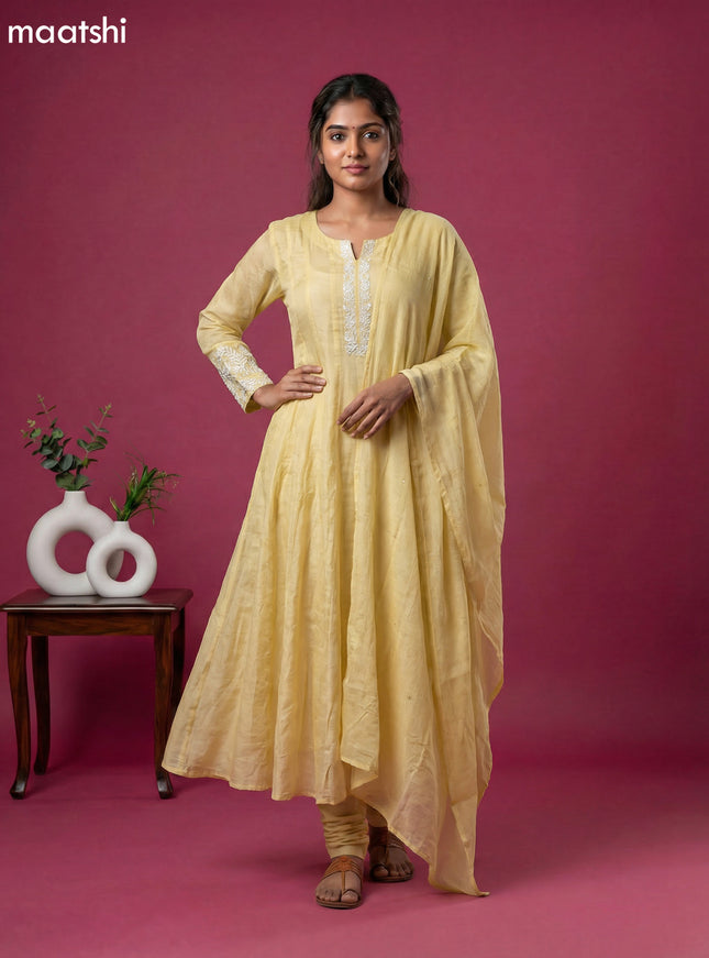 Pale Yellow Chinon Silk With Embroidery Work Anarkali Suit
