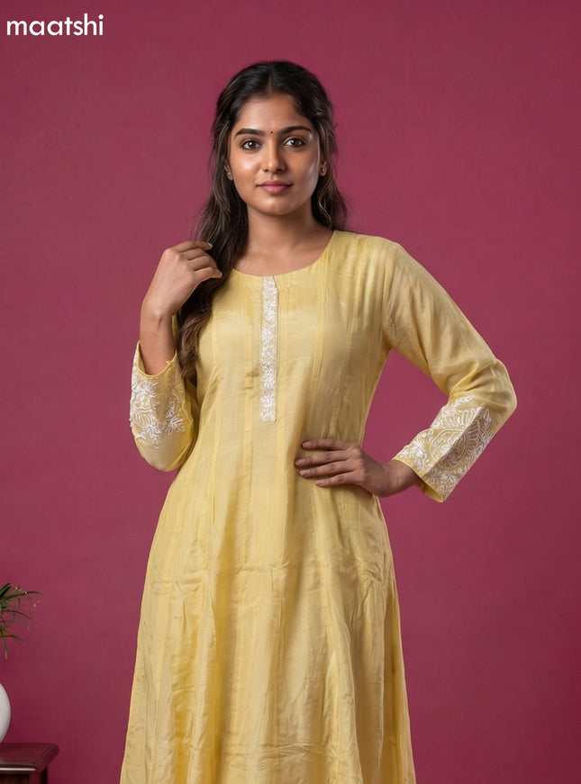Pale Yellow Chinon Silk With Embroidery Work Anarkali Suit
