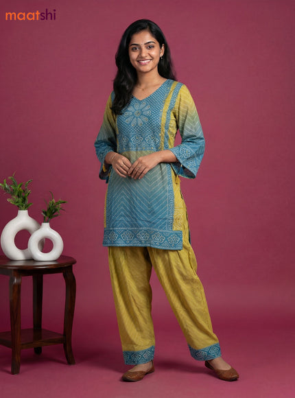 Lime Green and Pastel Blue Crepe Silk Bandhini Printed Co-Ord Set