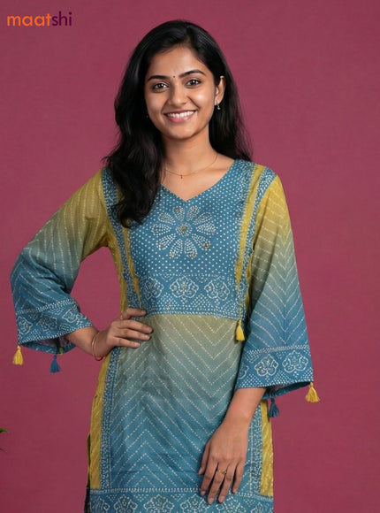 Lime Green and Pastel Blue Crepe Silk Bandhini Printed Co-Ord Set