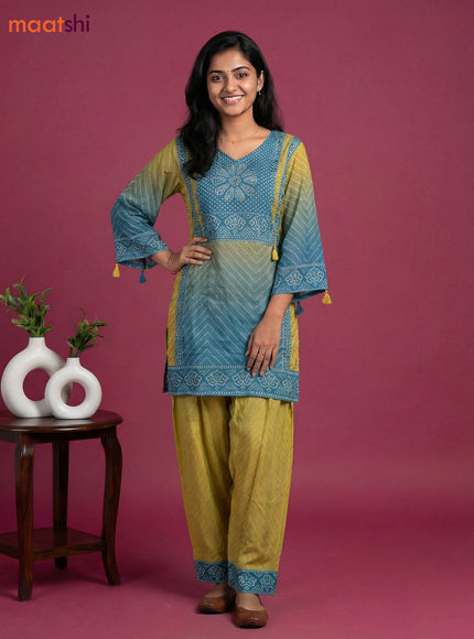 Lime Green and Pastel Blue Crepe Silk Bandhini Printed Co-Ord Set