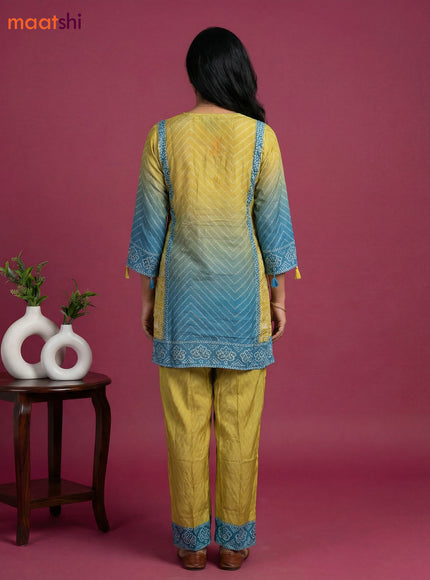 Lime Green and Pastel Blue Crepe Silk Bandhini Printed Co-Ord Set