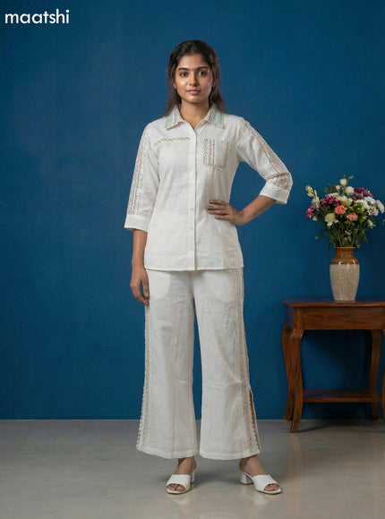 Off White Cotton Embroidery Work Short Co-Ord Set