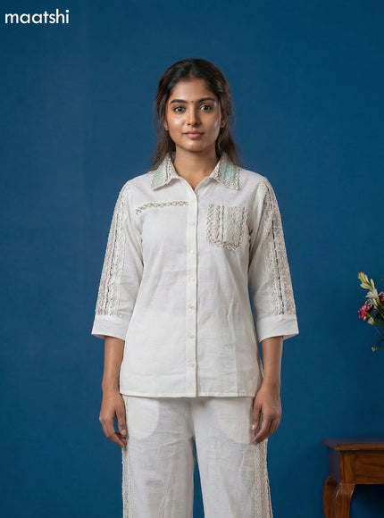 Off White Cotton Embroidery Work Short Co-Ord Set