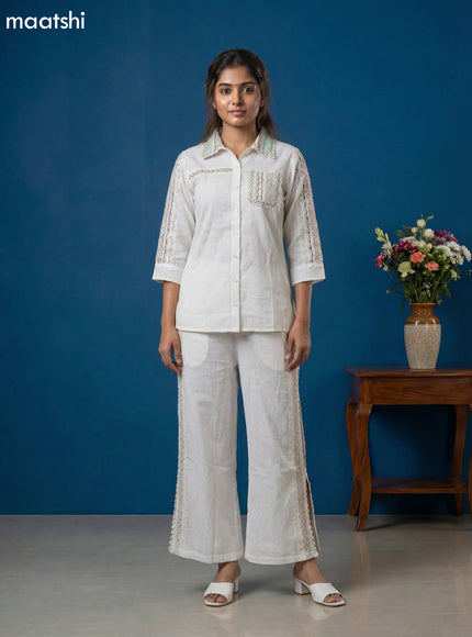 Off White Cotton Embroidery Work Short Co-Ord Set