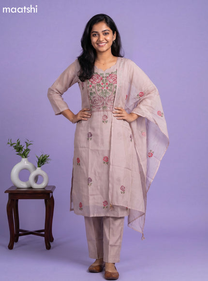 Beige Mul Chanderi Embroidery Work Straight Suit