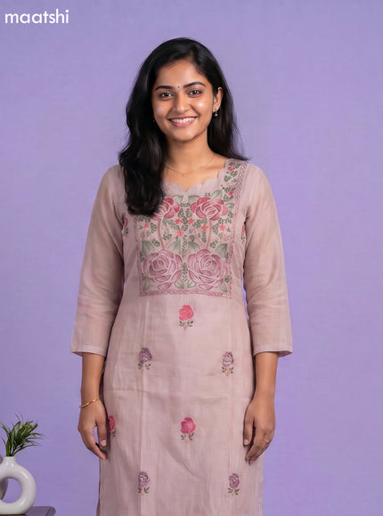 Beige Mul Chanderi Embroidery Work Straight Suit