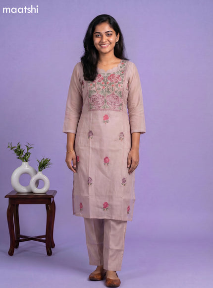 Beige Mul Chanderi Embroidery Work Straight Suit