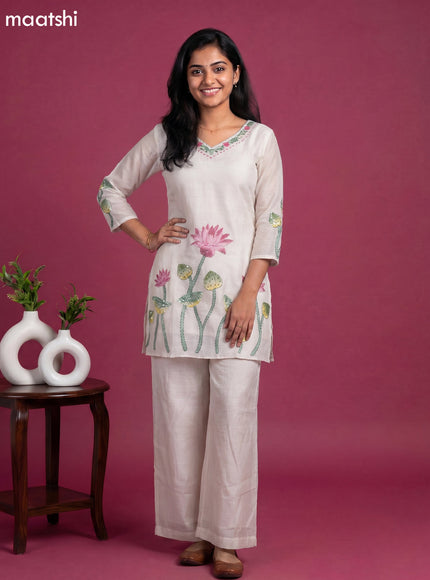 Off White Mul Chanderi Embroidery Work Co-ord Set