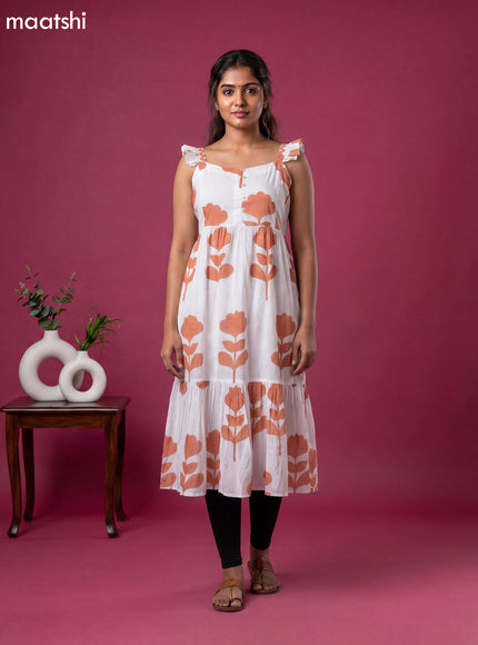 Off White and Peach Orange Cotton Printed & Without Sleeave Anarkali Kurti