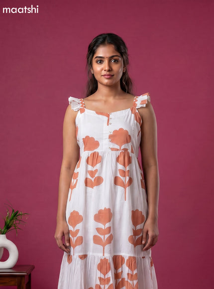 Off White and Peach Orange Cotton Printed & Without Sleeave Anarkali Kurti