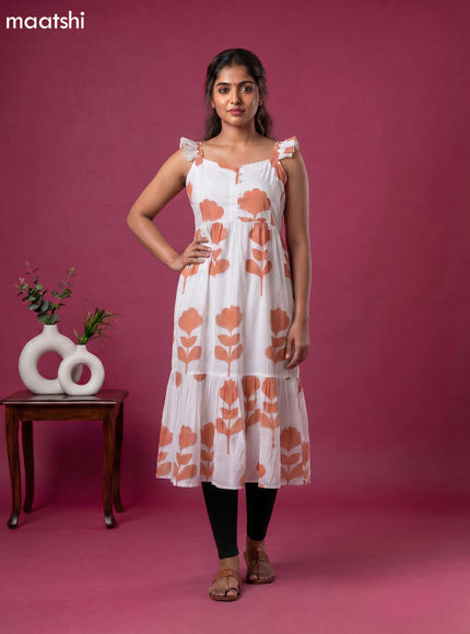 Off White and Peach Orange Cotton Printed & Without Sleeave Anarkali Kurti
