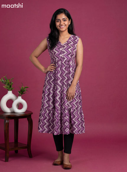 Pastel Purple Cotton Zig & Zag Printed Anarkali Kurti