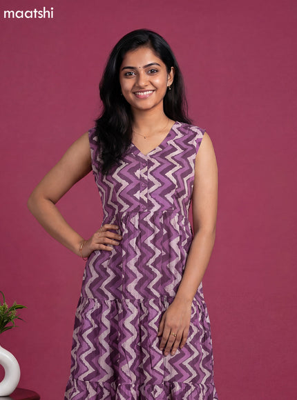 Pastel Purple Cotton Zig & Zag Printed Anarkali Kurti