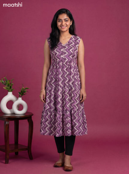 Pastel Purple Cotton Zig & Zag Printed Anarkali Kurti