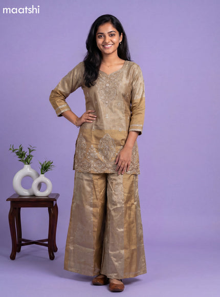 Dark Beige and Gold Tissue Embroidery Work Short Straight Suit