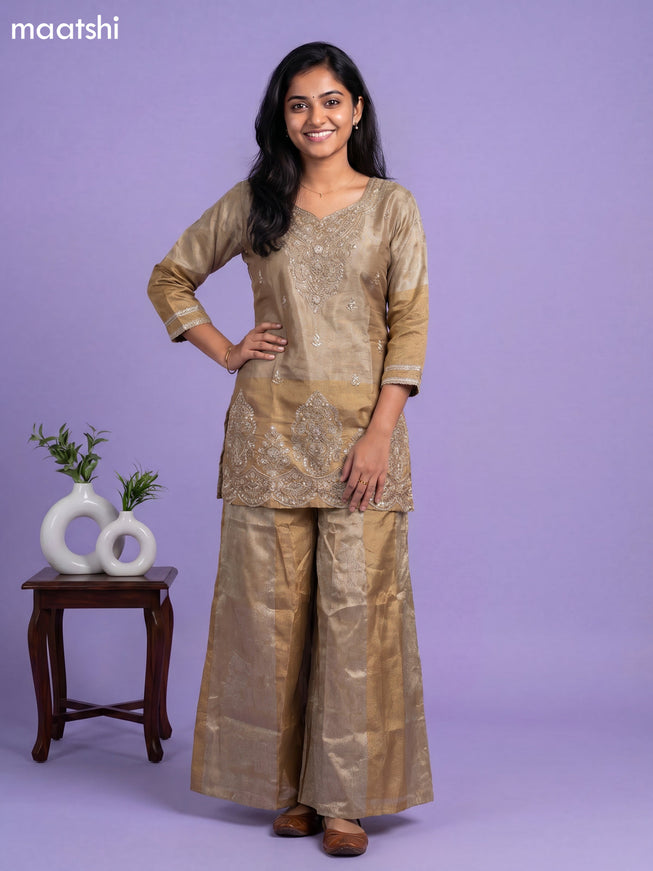 Dark Beige and Gold Tissue Embroidery Work Short Straight Suit