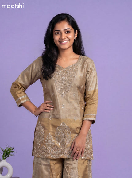 Dark Beige and Gold Tissue Embroidery Work Short Straight Suit