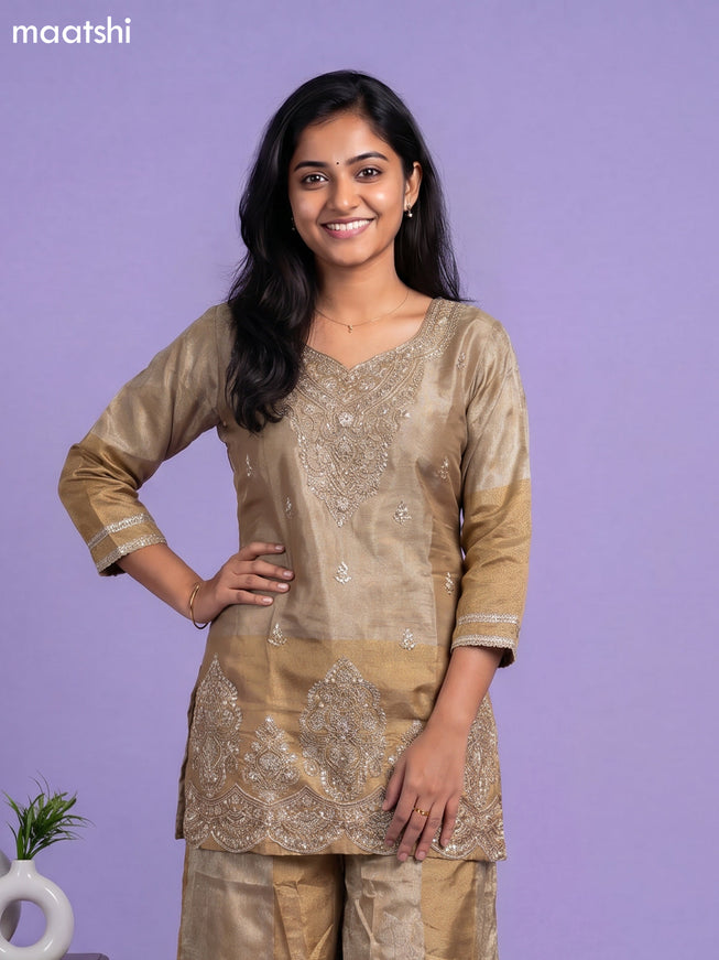 Dark Beige and Gold Tissue Embroidery Work Short Straight Suit