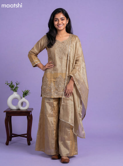 Dark Beige and Gold Tissue Embroidery Work Short Straight Suit
