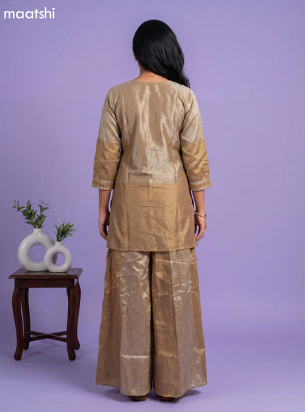 Dark Beige and Gold Tissue Embroidery Work Short Straight Suit