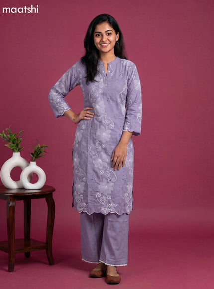 Grey Cotton Embroidery & Hakoba Work Kurti Set